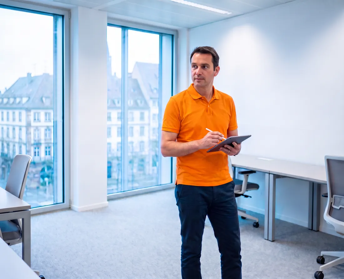 Responsable en polo orange, tablette et stylet en main, lors de la visite de bureaux lumineux à Strasbourg