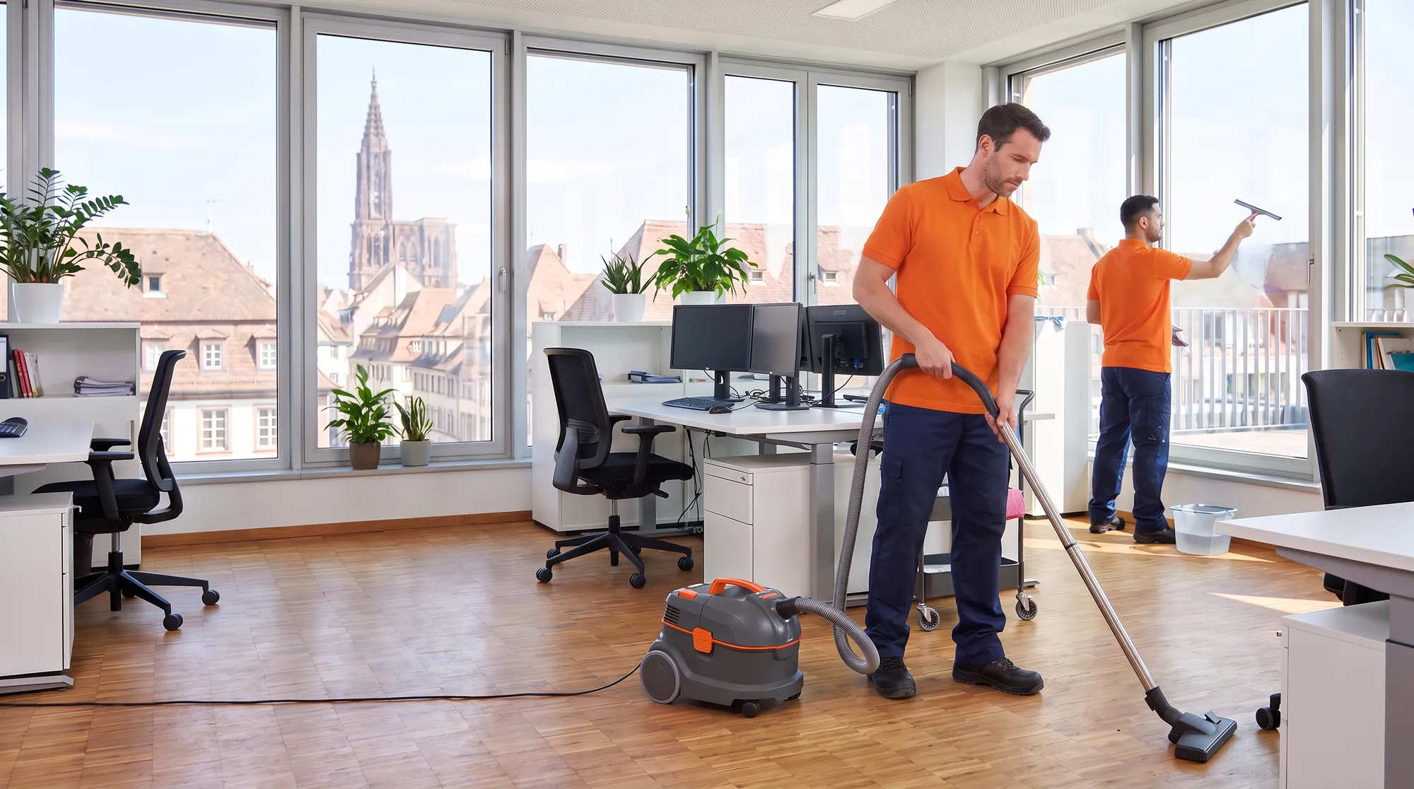 Deux agents d'entretien en polo orange dans un open space lumineux à Strasbourg, la cathédrale derrière les fenêtres : l'un aspire le parquet, l'autre nettoie une vitre à la raclette