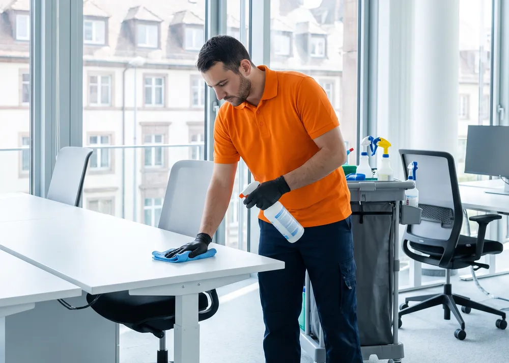 Agent d'entretien en polo orange essuyant un bureau à la microfibre, pulvérisateur en main, dans un open space lumineux