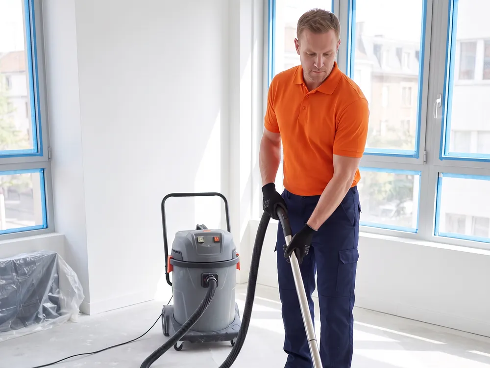 Agent d'entretien en polo orange aspirant la poussière de chantier d'un local livré, aspirateur eau et poussière à côté