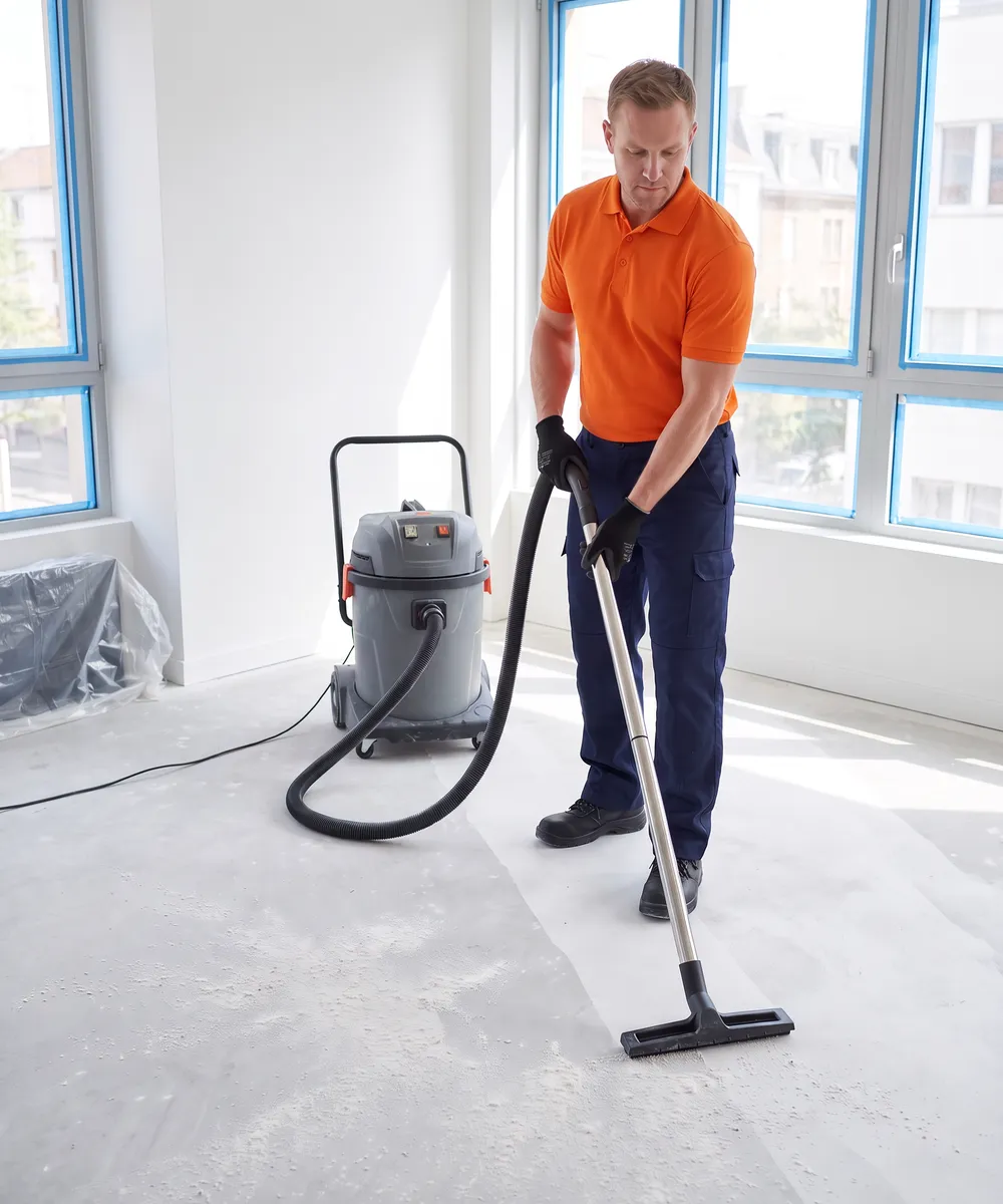 Agent d'entretien en polo orange aspirant la poussière de chantier d'un local livré, aspirateur eau et poussière à côté