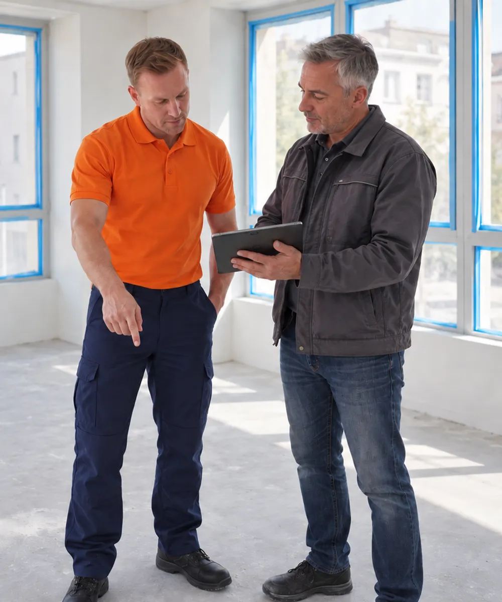 Agent en polo orange montrant au client, tablette en main, le sol d'un local livré après travaux